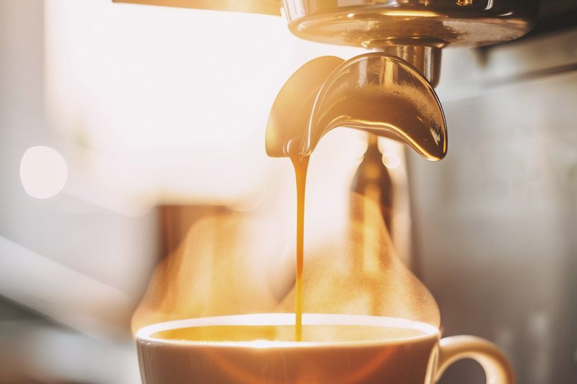 Frisch gebrühter Espresso läuft in die Tasse